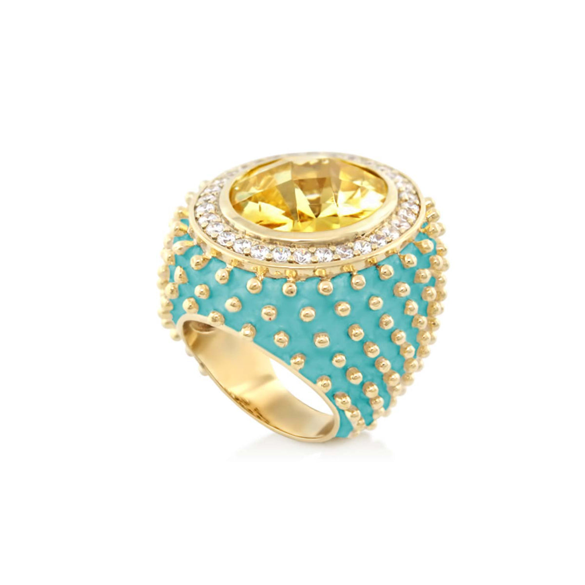 Fresh Fantasy Cocktail Ring Pavé Halo Dome, gold-tone band with turquoise body and crystal halo on Tampa Home & Garden Store