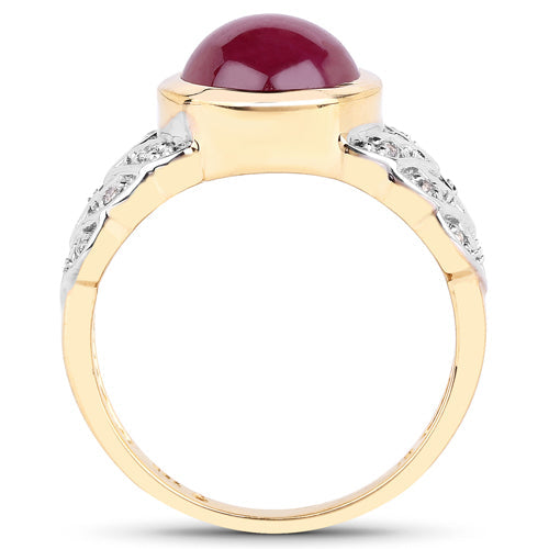 Ring featuring a red ruby cabochon set on a gold-tone band with white topaz accents along the shoulders on Tampa Home & Garden Store