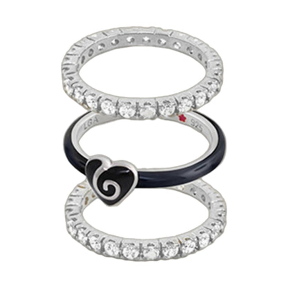 Layers of Love Ring Set of 3: diamond eternity ring, black silicone band, textured engraved silver ring on Tampa Home & Garden Store