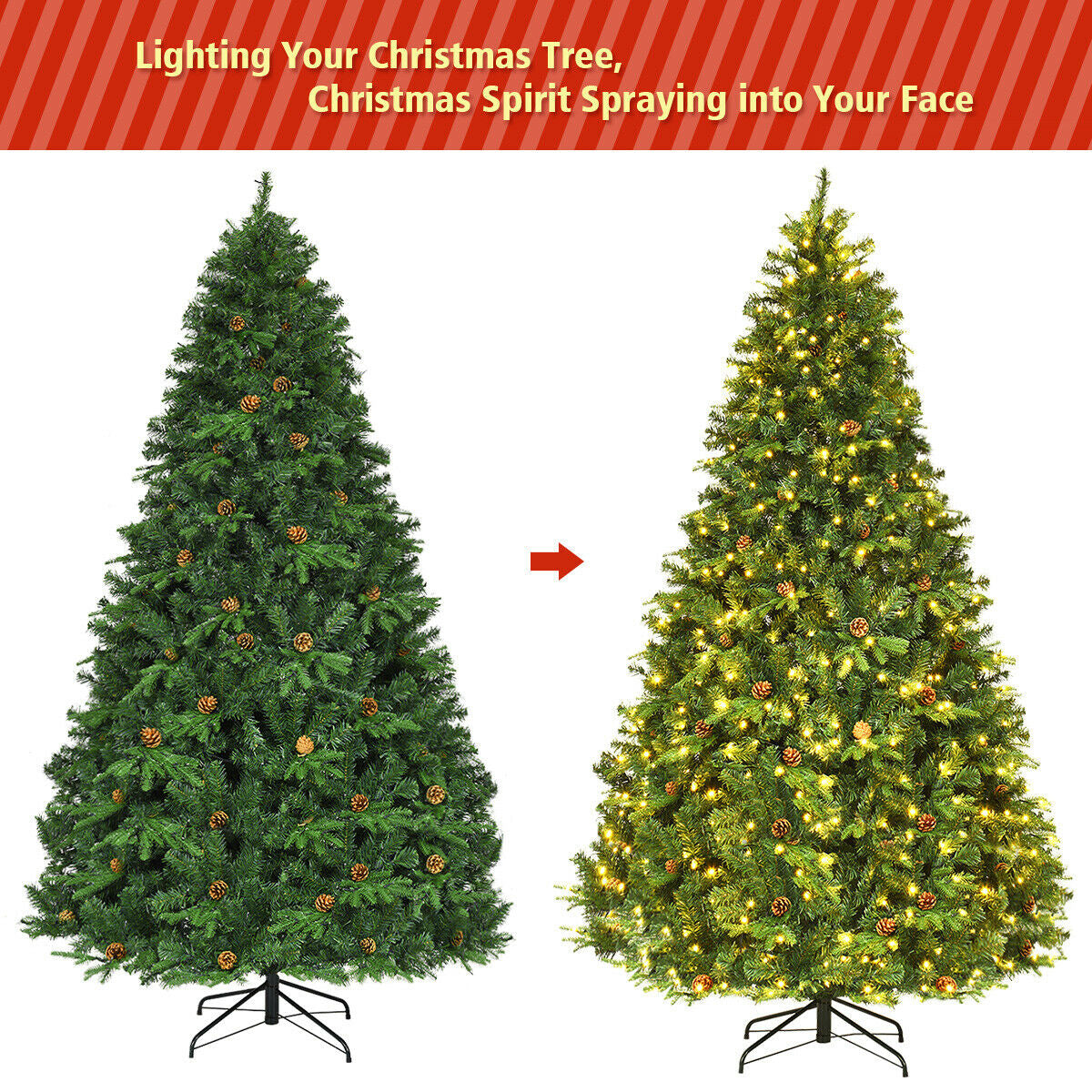 7.5 ft DirectDeals artificial Christmas tree with pine cones and LED lights, 2 trees on display on Tampa Home & Garden Store