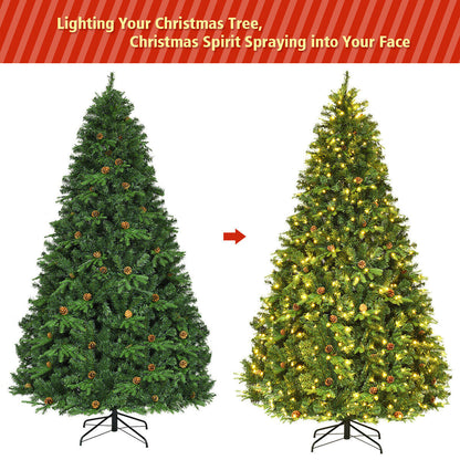 7.5 ft DirectDeals artificial Christmas tree with pine cones and LED lights, 2 trees on display on Tampa Home & Garden Store
