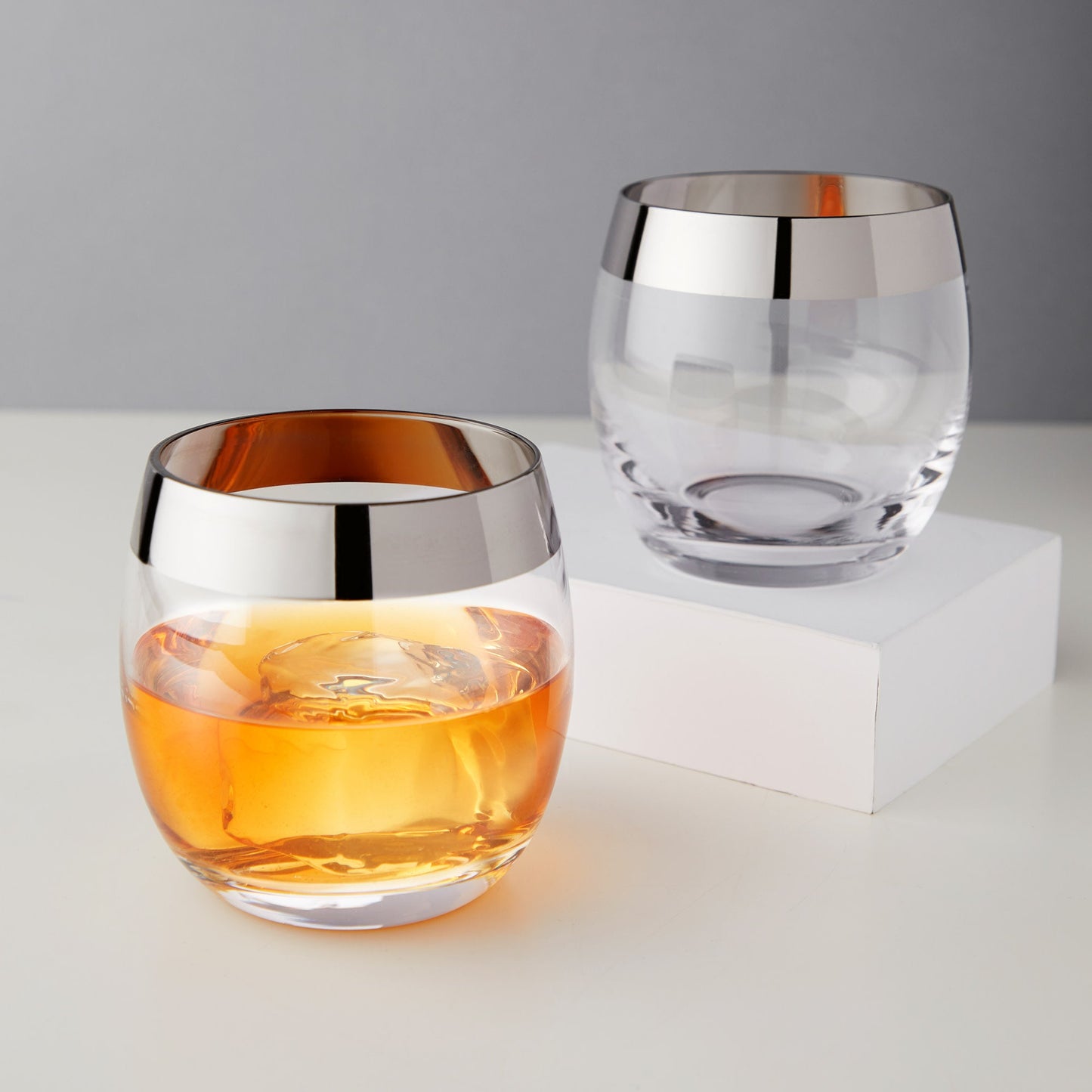 Modern Chrome Rimmed Crystal Tumblers Set of 2