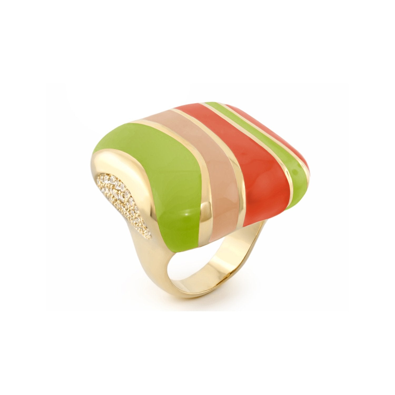 Stripes of Pave Cocktail Ring enamel green peach red stripes with pave diamonds on gold band on Tampa Home & Garden Store