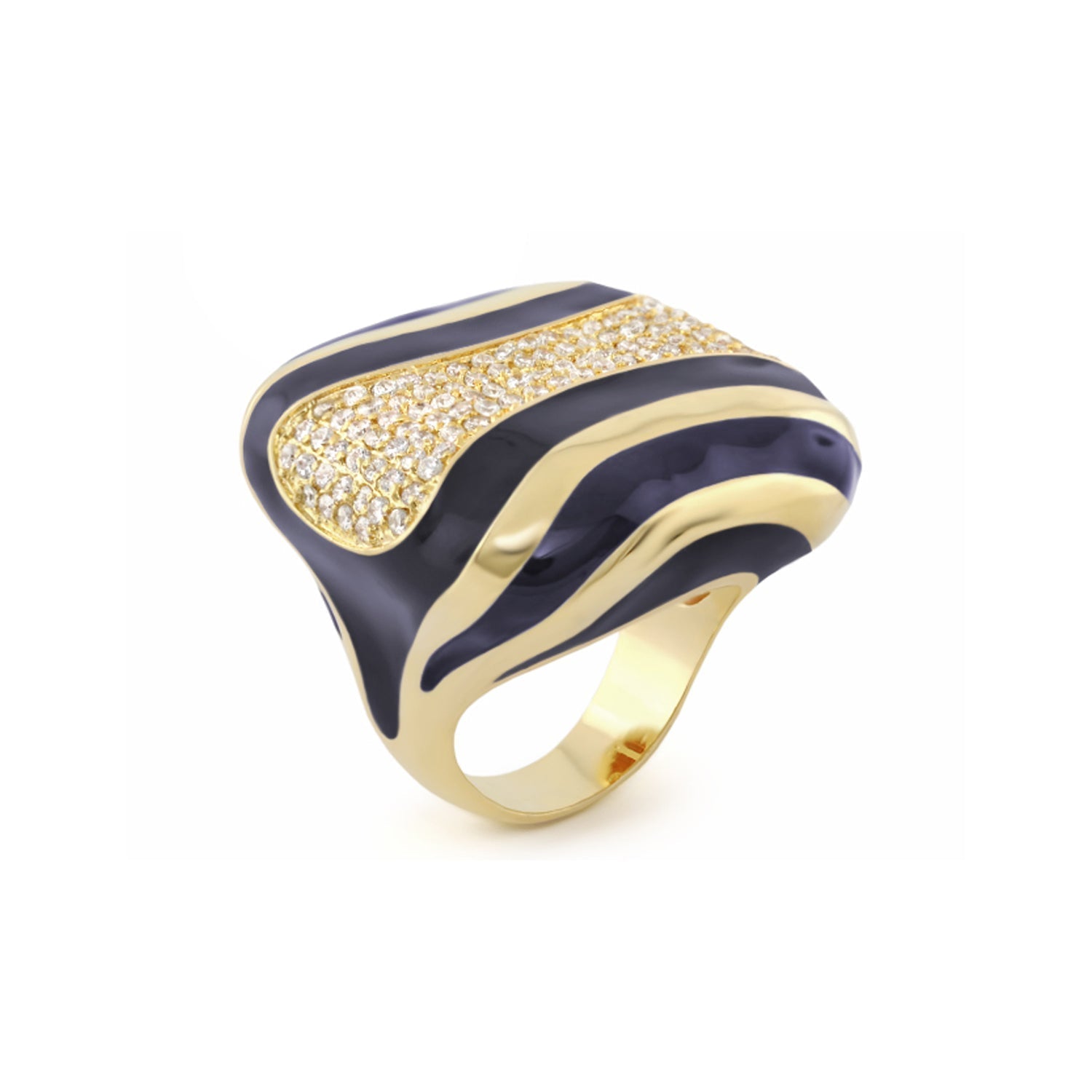 Curvy Swirls Cocktail Ring by Lauren G Adams, navy enamel with gold bands and pave diamonds on Tampa Home & Garden Store
