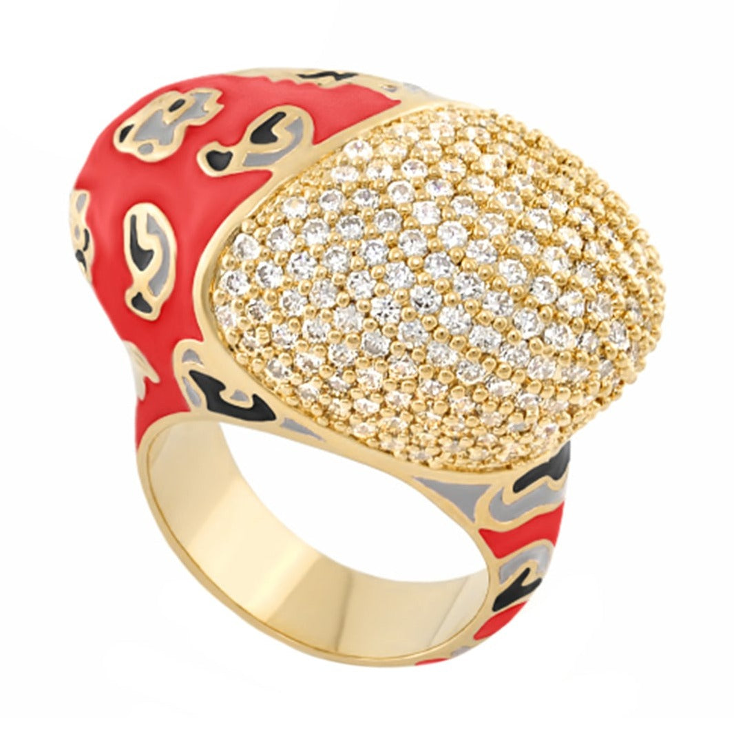 Fab Cocktail Ring gold-tone with red enamel sides and diamond pavé dome on Tampa Home & Garden Store