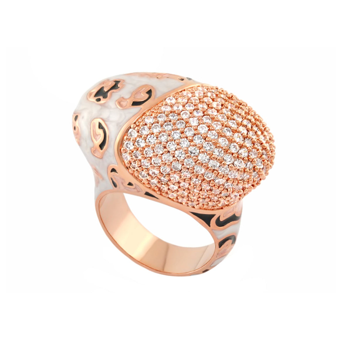Fab Cocktail Ring by Lauren G Adams, rose-gold pave-diamond dome with marbled white enamel band on Tampa Home & Garden Store