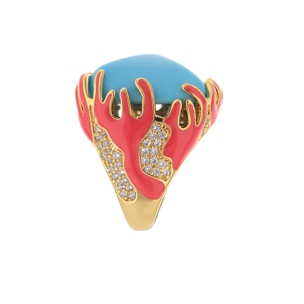 Pretty Little Things Ring with turquoise cabochon, pink enamel coral motif, crystals, gold-tone on Tampa Home & Garden Store