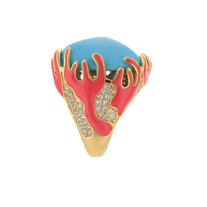 Pretty Little Things Ring with turquoise cabochon, pink enamel coral motif, crystals, gold-tone on Tampa Home & Garden Store