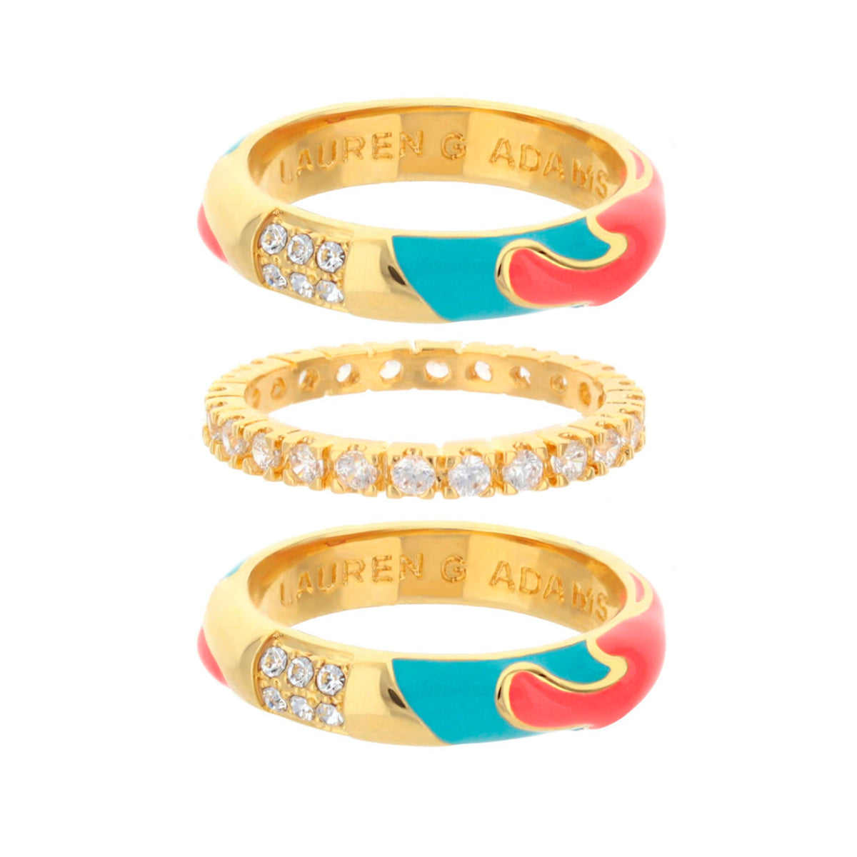 Pretty Little Things Rings Set by Lauren G Adams, gold-tone rings with teal pink enamel set of 3 on Tampa Home & Garden Store