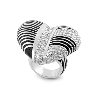 Sweetheart Cocktail Ring in silver with black striped bands and pave diamond accents on Tampa Home & Garden Store
