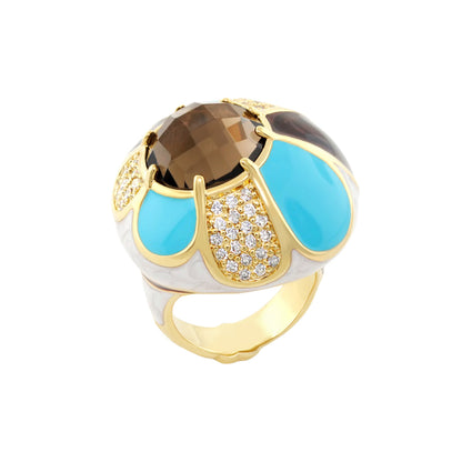 Field of Flowers Ring, gold tone with turquoise enamel petals and a faceted center stone on Tampa Home & Garden Store