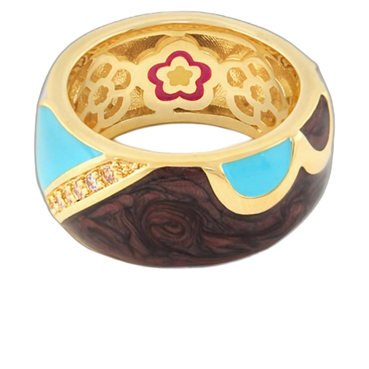 Field of Flowers Band Ring by Lauren G Adams, gold-tone band with pink flower motif and turquoise enamel accents on Tampa Home & Garden Store