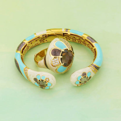 Field of Flowers Band Ring & bracelet set by Lauren G Adams, turquoise enamel and brown gem on Tampa Home & Garden Store