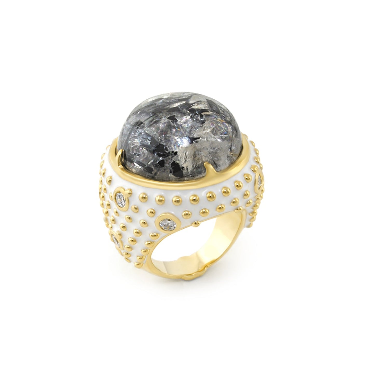 Cool Rider cocktail ring by Lauren G Adams with gray cabochon dome and white enamel beaded band on Tampa Home & Garden Store