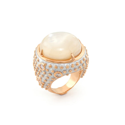 Cool Rider Cocktail Ring by Lauren G Adams, cream pearl cabochon on rose gold band with beaded accents on Tampa Home & Garden Store