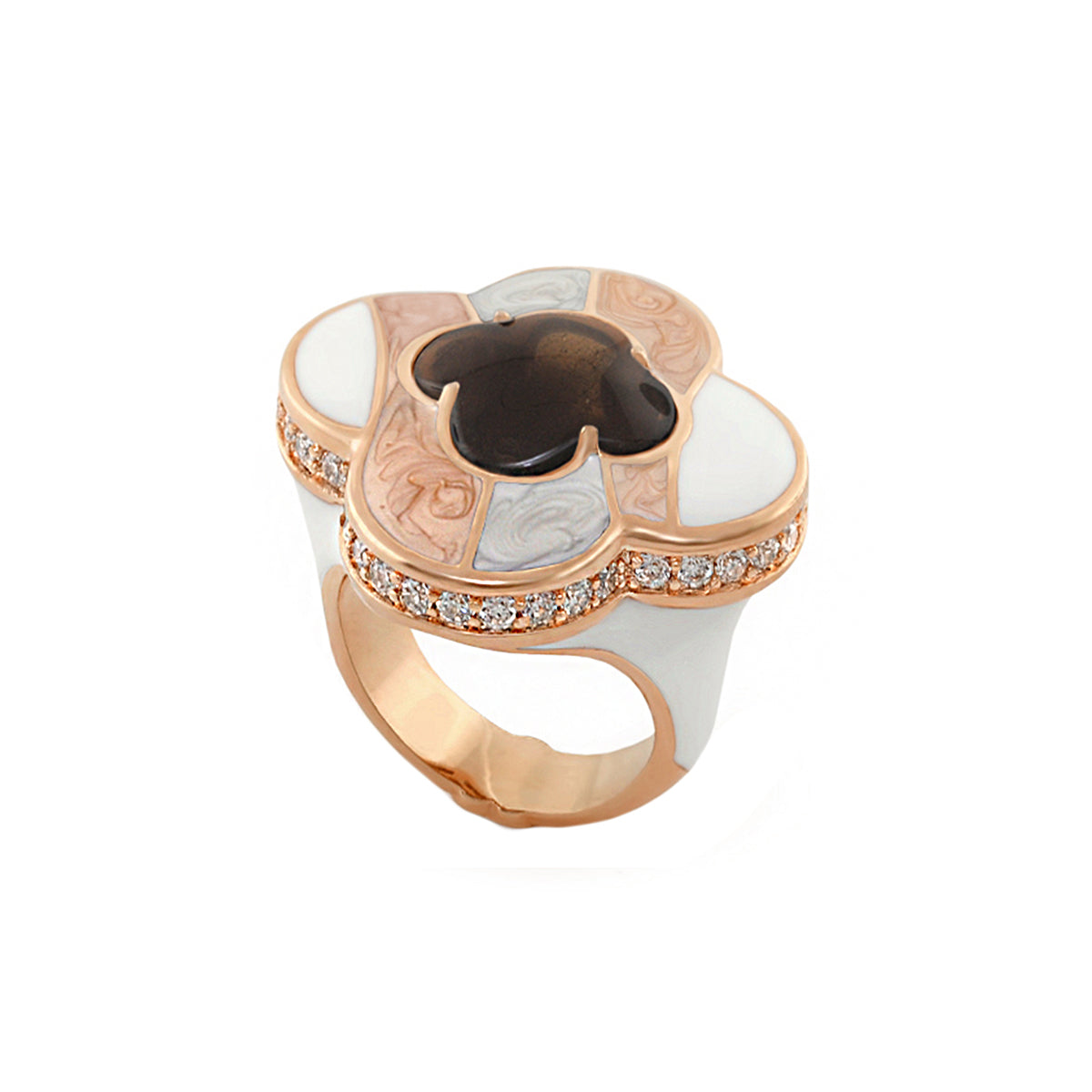 Clover Cocktail Ring rose gold with white and pink-blue marbled enamel petals and pavé diamond band by Lauren G Adams on Tampa Home & Garden Store