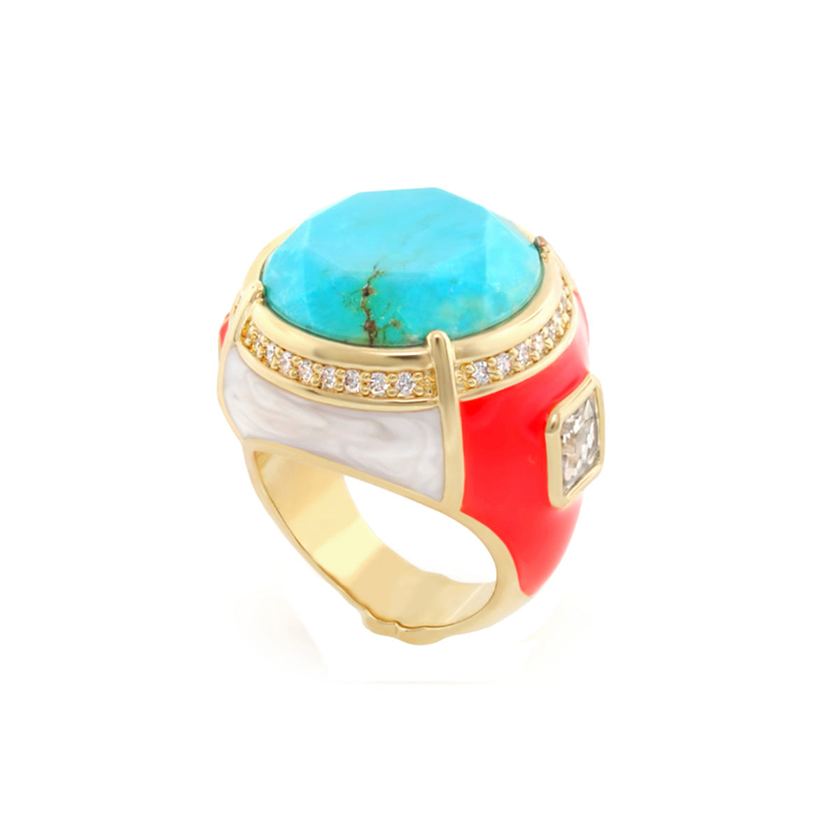 Caribbean Waters Cocktail Ring by Lauren G Adams, turquoise cabochon, gold-tone band, red enamel on Tampa Home & Garden Store