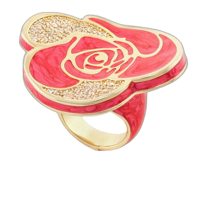 Rose Petal Cocktail Ring in pink enamel with gold-tone detailing and crystal pavé accents on Tampa Home & Garden Store