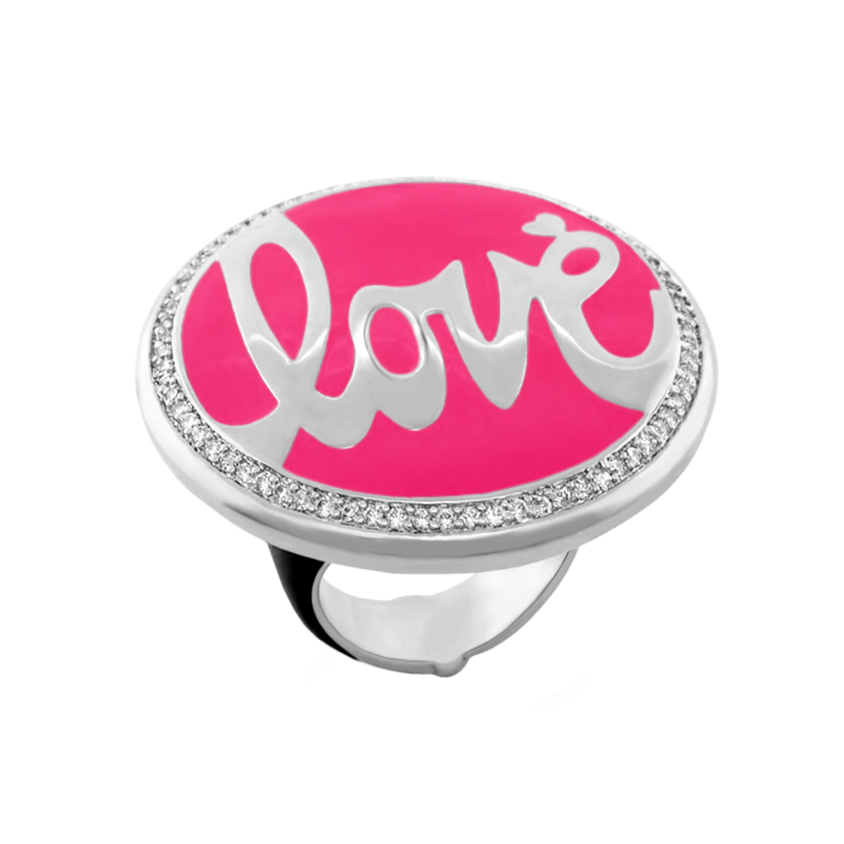 Love Rocks cocktail ring with pink enamel oval top and Love script, pavé edge by Lauren G Adams on Tampa Home & Garden Store