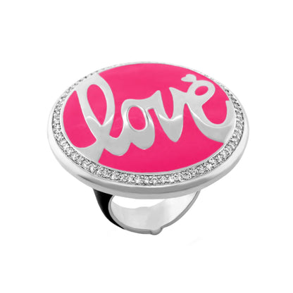 Love Rocks cocktail ring with pink enamel oval top and Love script, pavé edge by Lauren G Adams on Tampa Home & Garden Store
