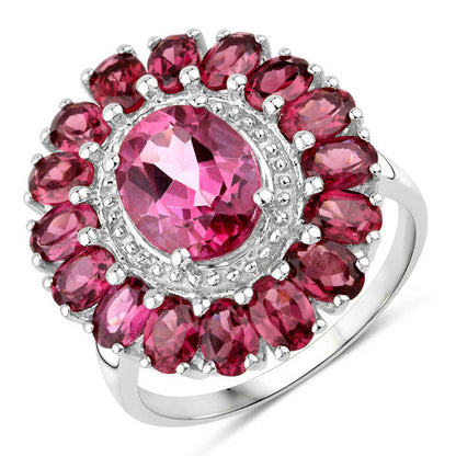 Ring in sterling silver with 5.460 ct pink topaz center and rhodolite garnet halo on Tampa Home & Garden Store