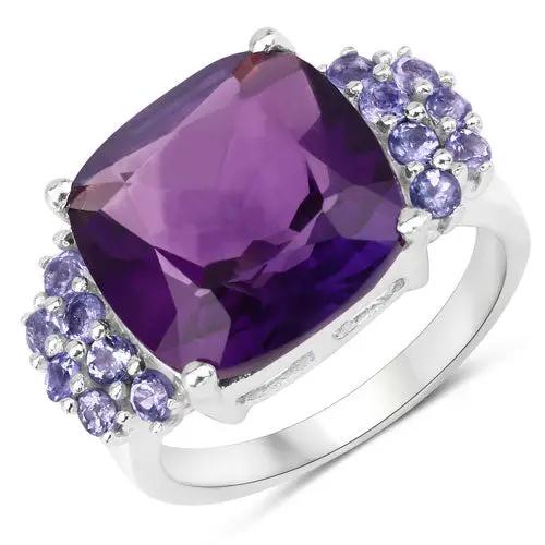 Amethyst and tanzanite ring with cushion center and purple side stones in .925 sterling silver on Tampa Home & Garden Store