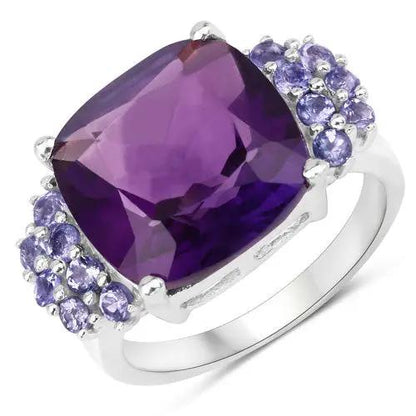 Amethyst and tanzanite ring with cushion center and purple side stones in .925 sterling silver on Tampa Home & Garden Store