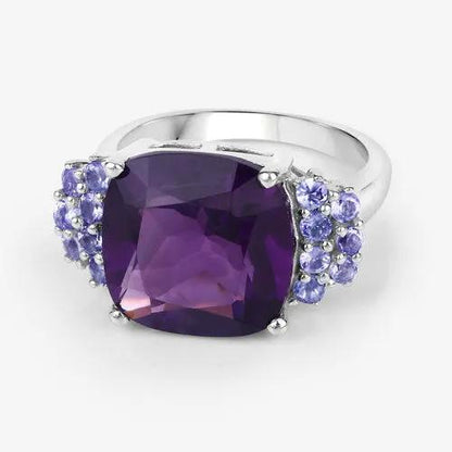 Amethyst and tanzanite ring in 925 silver; cushion-cut center with purple side stones on Tampa Home & Garden Store