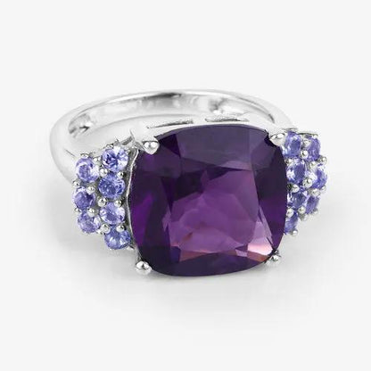 Ring Bids.com cushion-cut amethyst center with pave tanzanite side stones in .925 sterling on Tampa Home & Garden Store