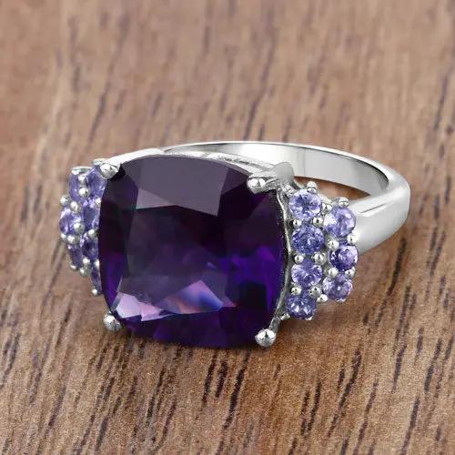 Sterling silver ring with 6.34ct cushion-cut amethyst and purple tanzanite accents on Tampa Home & Garden Store