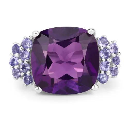 6.34 ct Amethyst and Tanzanite Ring .925 Silver with cushion-cut center and purple clusters on Tampa Home & Garden Store