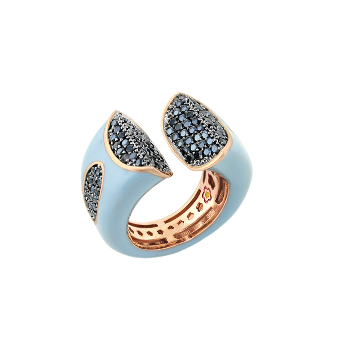 Earth Wind and Fire Ring Pavé Inlay by Lauren G Adams, blue enamel with rose-gold band on Tampa Home & Garden Store