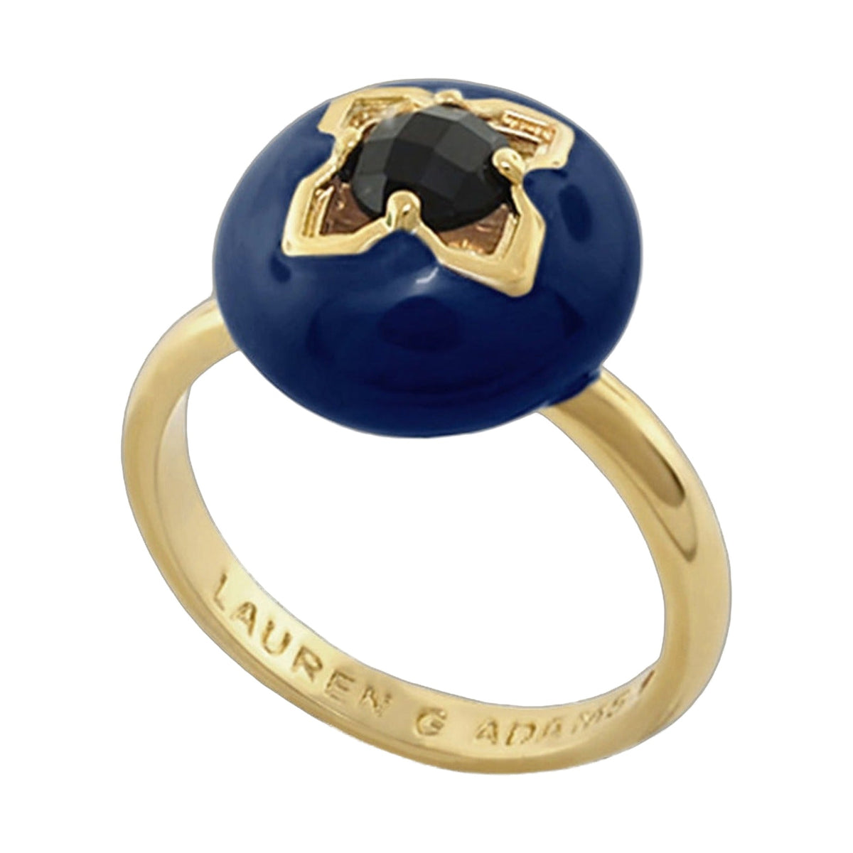 Starry Nights Ring with deep blue bead and black faceted stone in gold setting on Tampa Home & Garden Store