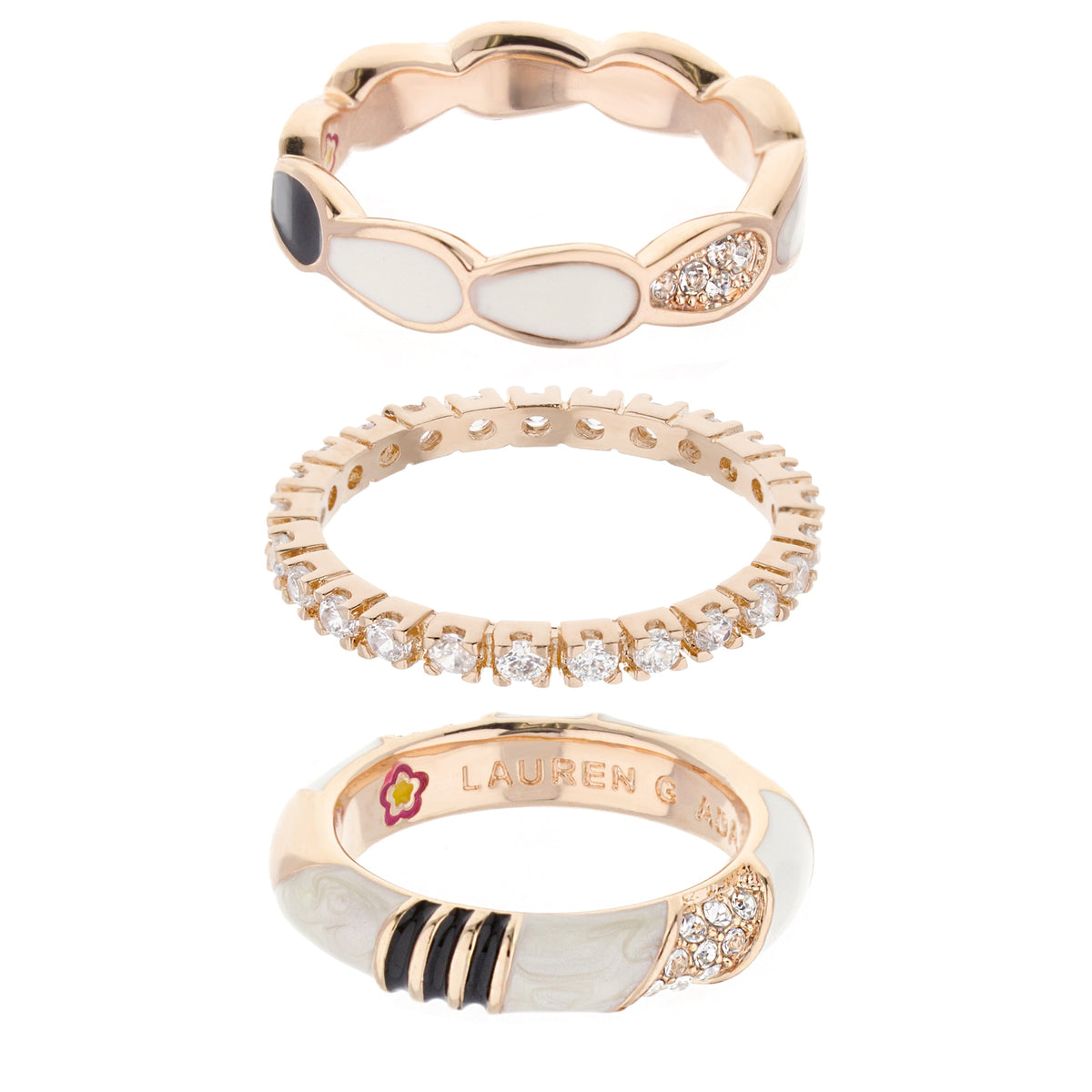 Moon Flower Stackable Ring Set, 2 rose gold rings with white enamel petals and crystal accents by Lauren G Adams on Tampa Home & Garden Store