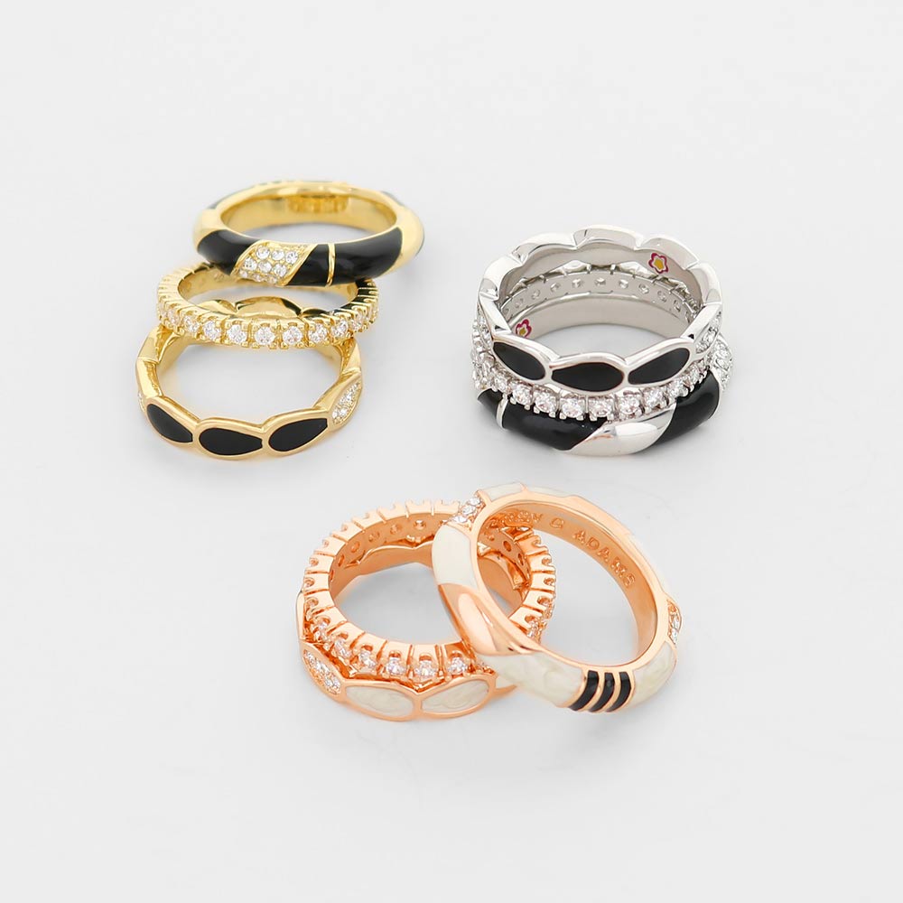 Moon Flower Stackable Ring Set Lauren G Adams gold, rose, silver rings with black enamel leaves on Tampa Home & Garden Store