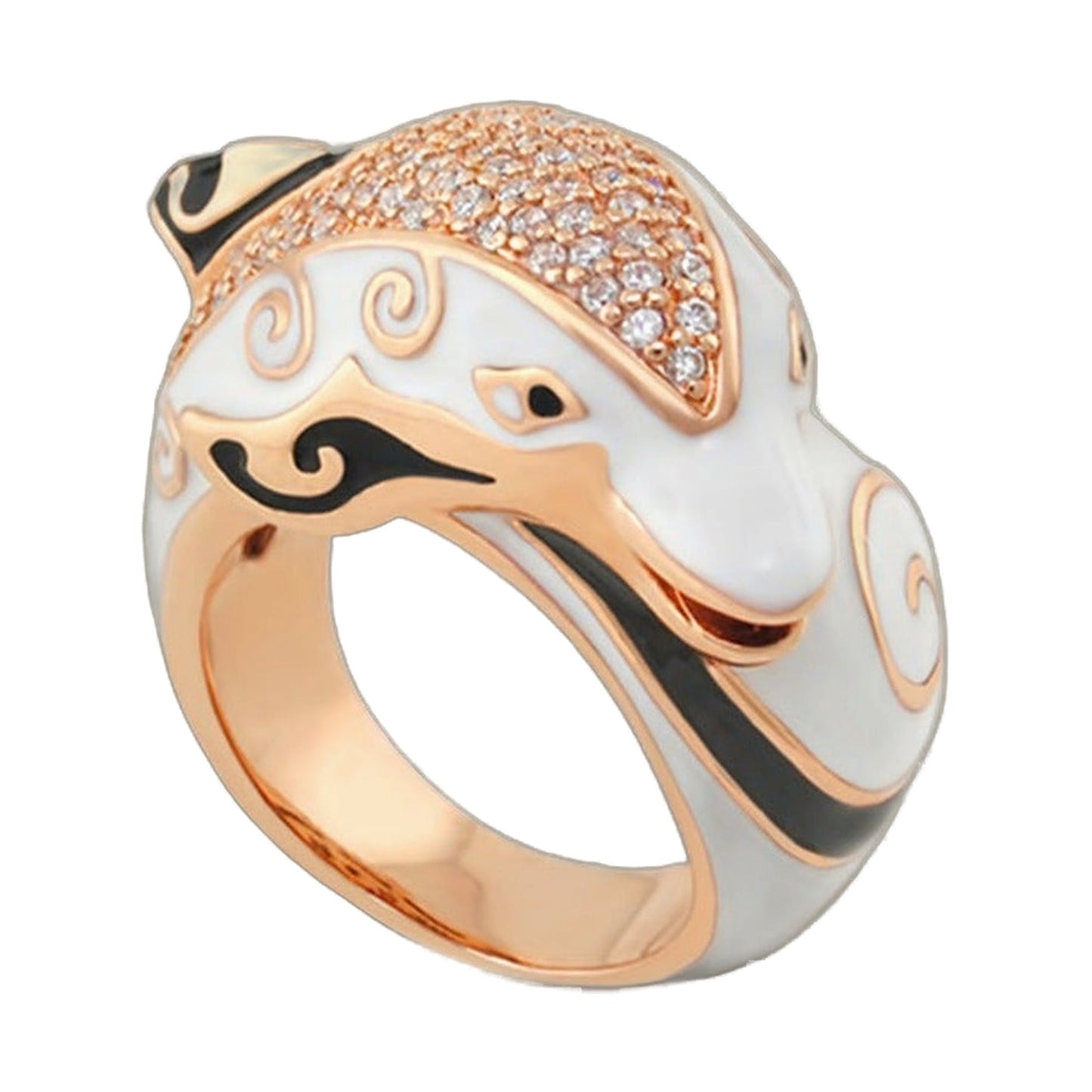 Freedom of the Seas cocktail ring in rose gold with pavé crystals on white enamel dolphin on Tampa Home & Garden Store