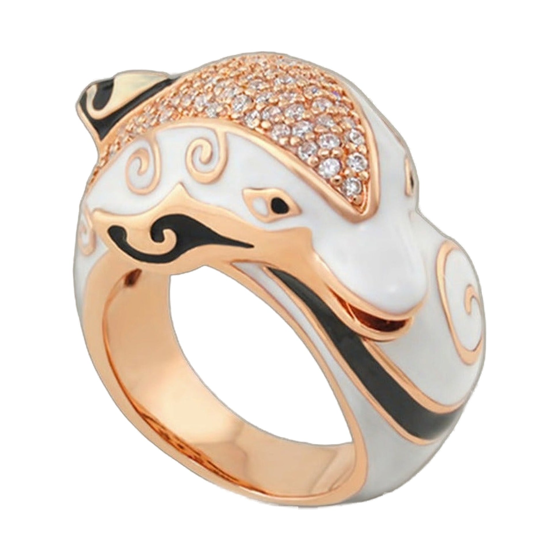 Freedom of the Seas cocktail ring in rose gold with pavé crystals on white enamel dolphin on Tampa Home & Garden Store
