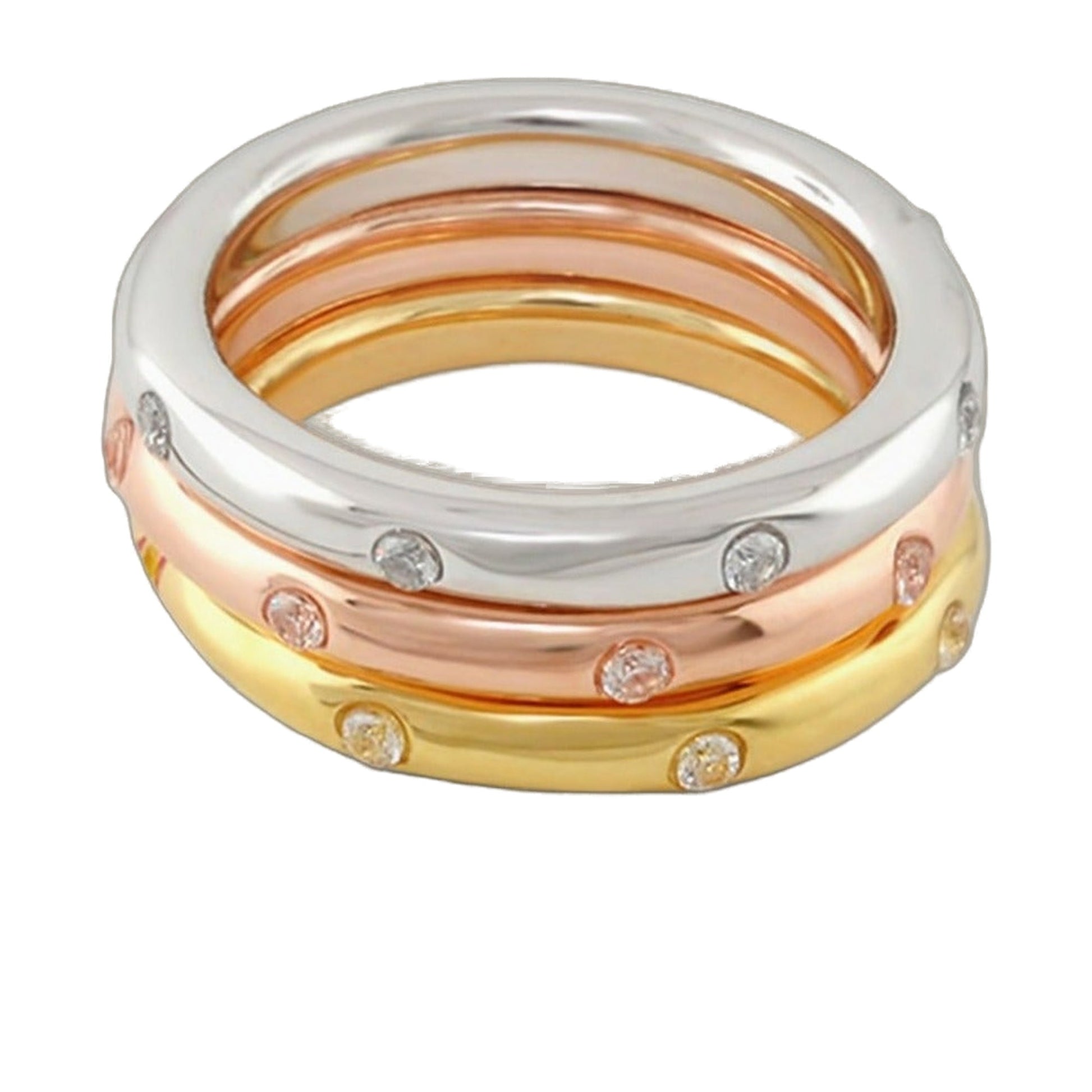 Socialite Stackable Ring Set, three-tone silver, rose, and gold bands with crystal accents on Tampa Home & Garden Store