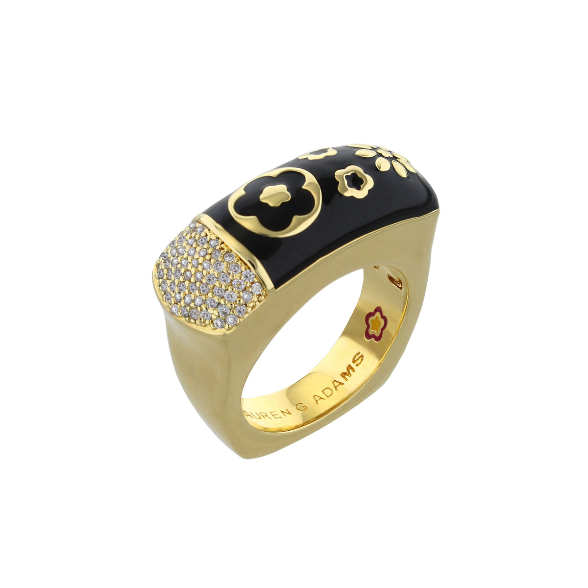 Floral Days Cocktail Ring with black enamel, gold floral accents, pavé diamonds, Lauren G Adams on Tampa Home & Garden Store