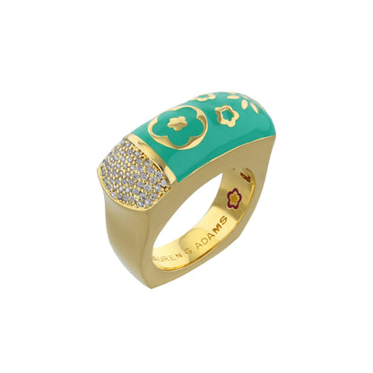 Floral Days Ring turquoise enamel cocktail ring with gold floral motif pavé diamonds on Tampa Home & Garden Store