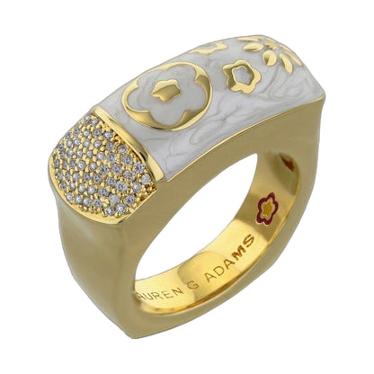 Floral Days Ring by Lauren G Adams, white marbled enamel cocktail ring with gold floral motifs on Tampa Home & Garden Store
