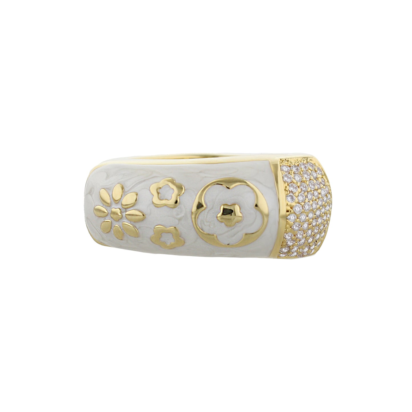 Floral Days Ring, gold-tone cocktail ring with silver base, floral cutouts and pavé diamonds on Tampa Home & Garden Store