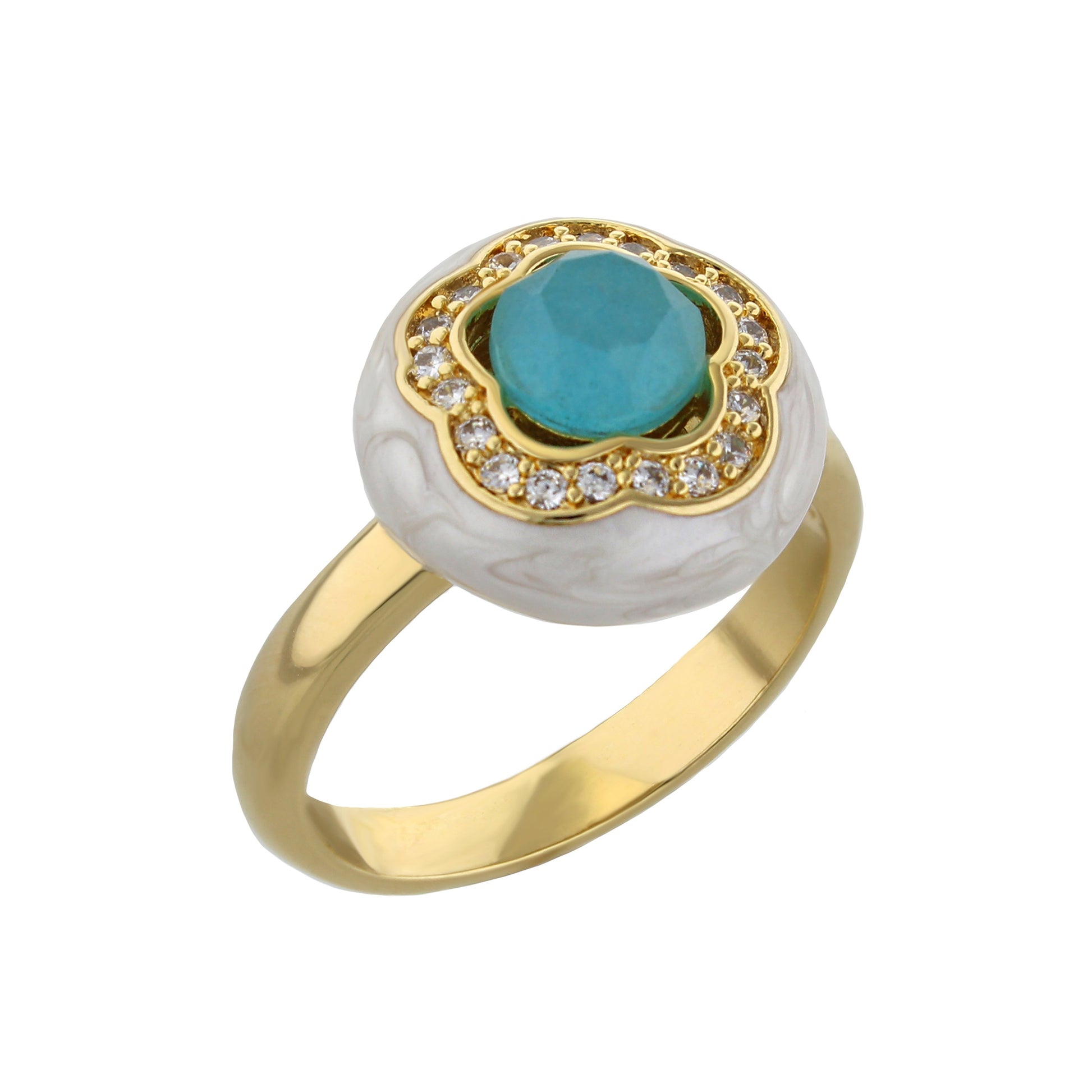 Floral Days Cocktail Ring with turquoise centerpiece and diamond halo on Tampa Home & Garden Store