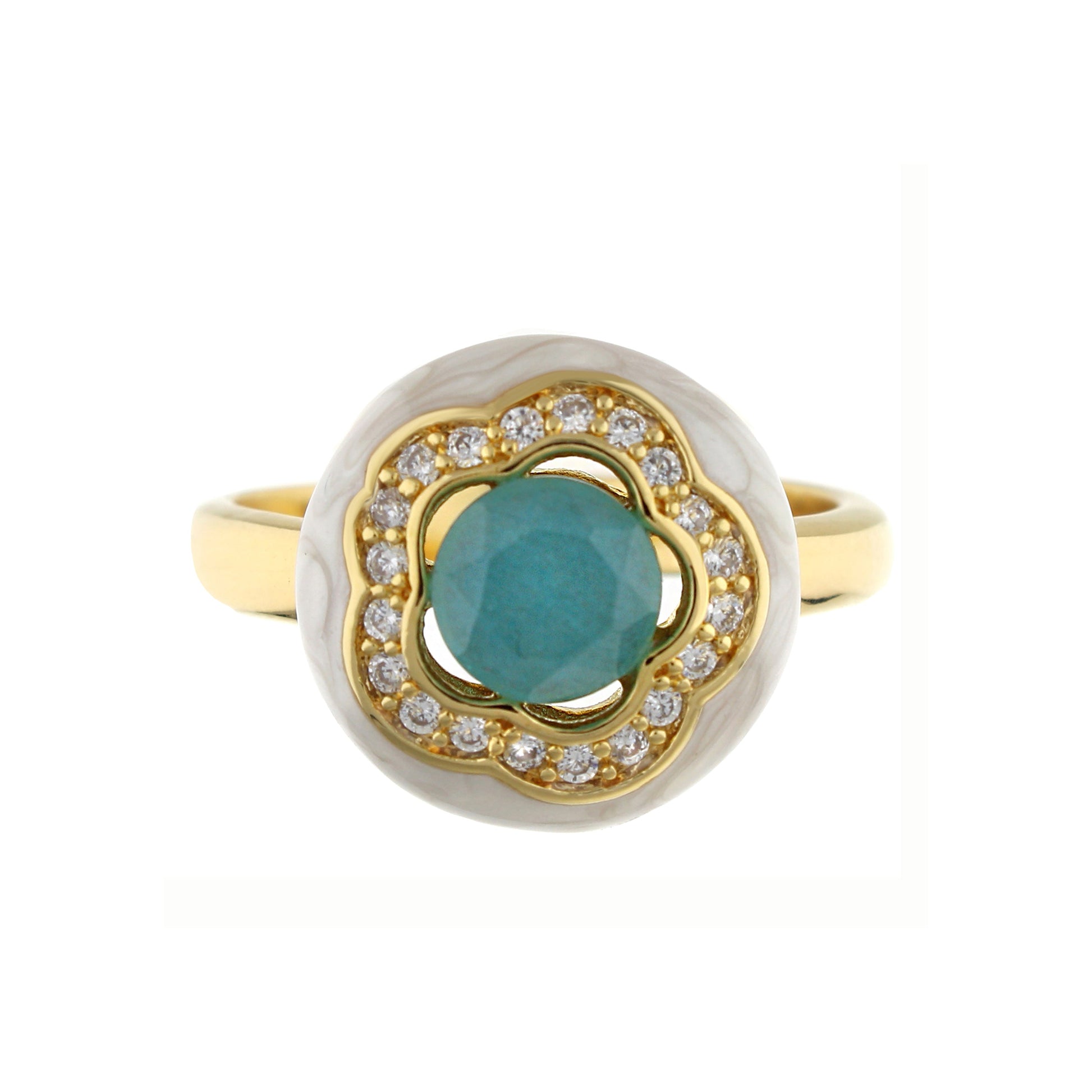 Floral Days Ring cocktail ring with teal centerpiece pave diamonds and gold setting on Tampa Home & Garden Store