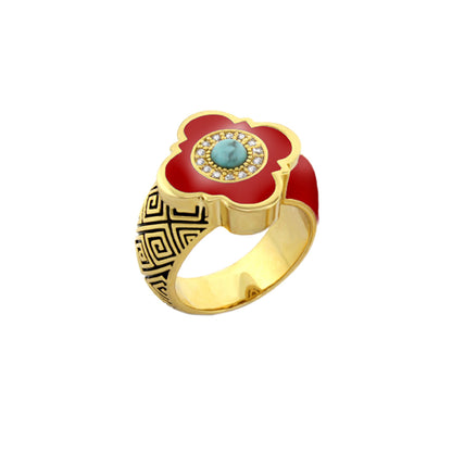 Venetian Dream Ring by Lauren G Adams, gold cocktail ring with red enamel flower on Tampa Home & Garden Store