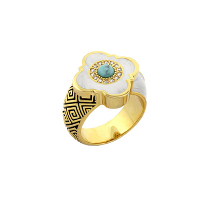 Venetian Dream Cocktail Ring with gold band, flower setting, turquoise center on Tampa Home & Garden Store