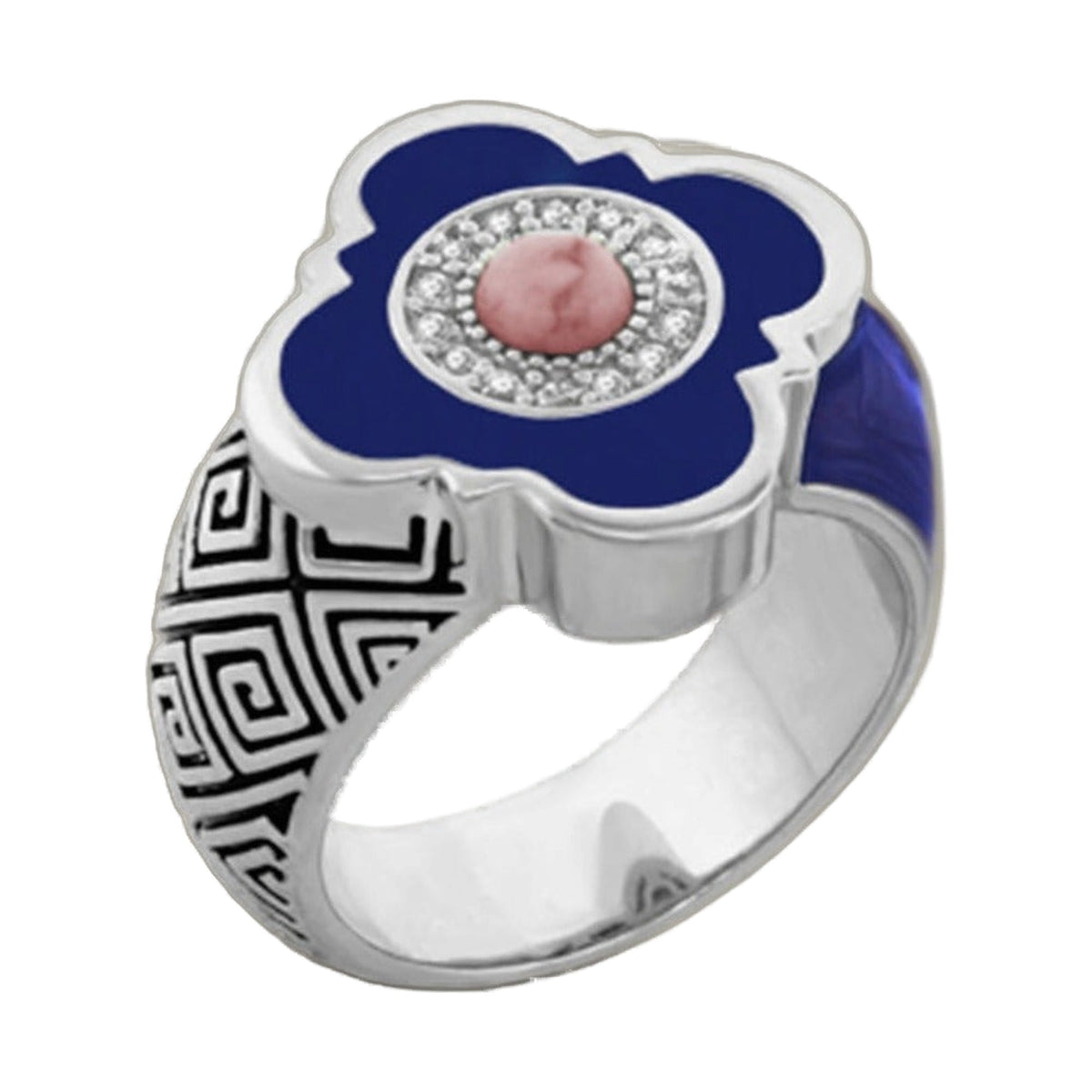Venetian Dream Ring by Lauren G Adams, cobalt blue enamel flower with pink center stone on Tampa Home & Garden Store