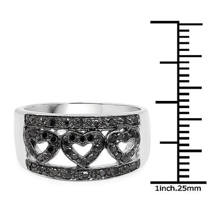 Ring 0.32ct genuine black diamond .925 sterling silver band with three heart cutouts and pave accents on Tampa Home & Garden Store