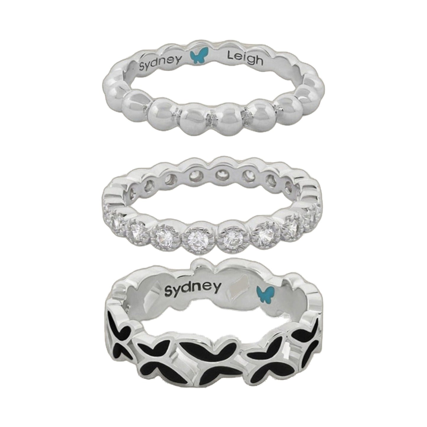 Set of 3 Sydney Leigh butterfly rings; beaded, crystal, and patterned bands on Tampa Home & Garden Store