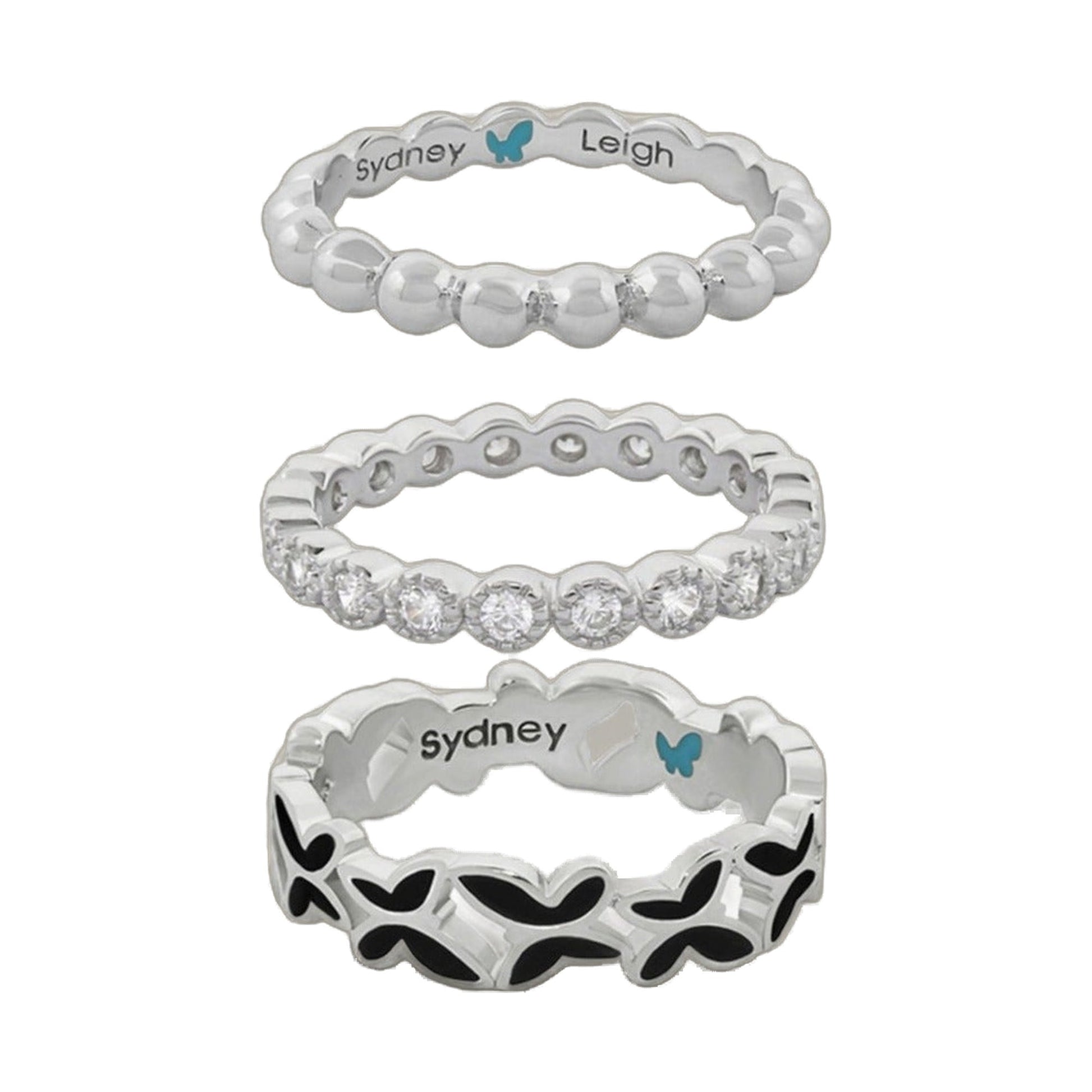Set of 3 Sydney Leigh butterfly rings; beaded, crystal, and patterned bands on Tampa Home & Garden Store